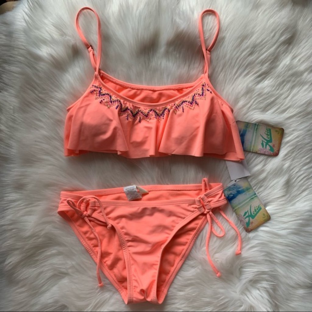 Nwt Hobie Neon Orange Ruffle Bikini Sz S